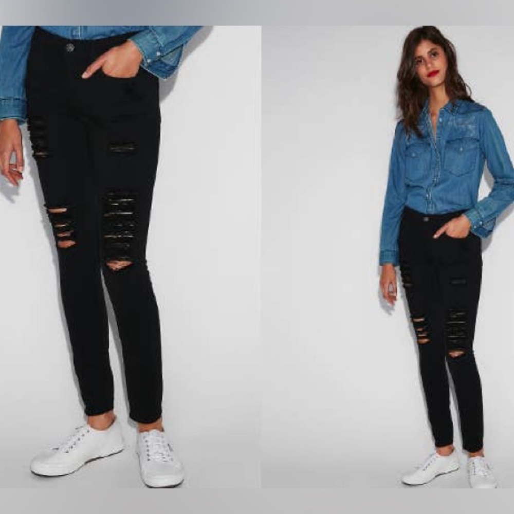 UNWORN Express Women’s Ripped Mid Rise Legging Denim Jeans Size 8 Black